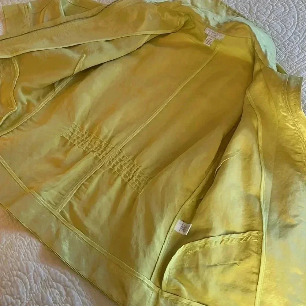 Linen‎ Blend Jacket Women’s Med P Yellow Front Zip Pockets Collar Modern Artsy